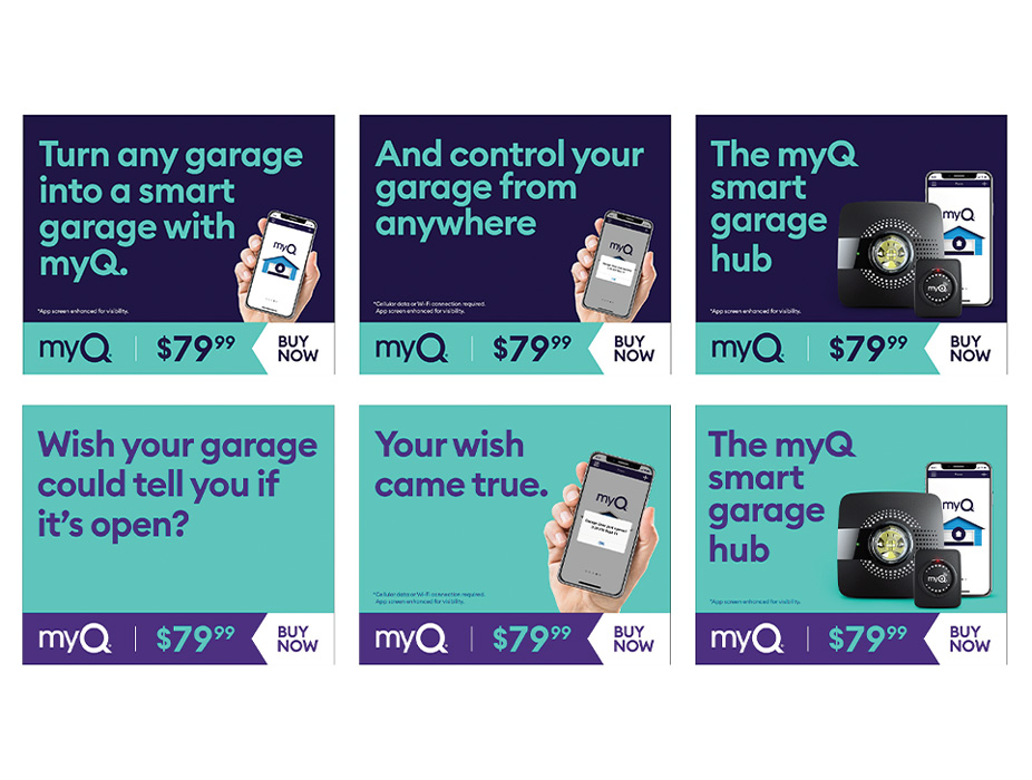 A series of digital banners that are advertising Chamberlain MyQ