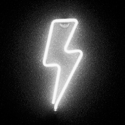 A neon light in the shape of a lightning bolt glows